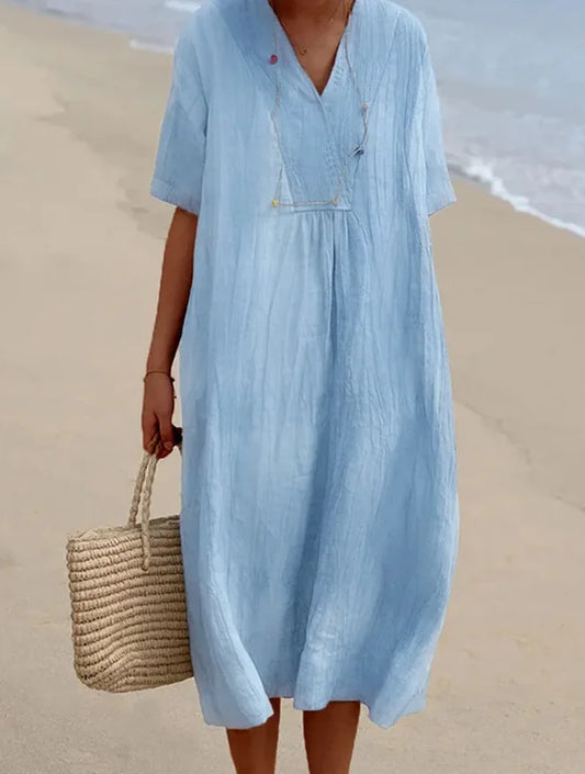 2025 Summer Cotton Linen Women Long Dress Black V-neck Short Sleeve Casual Dresses Female Trendy Loose Fashion Clothes Ladies