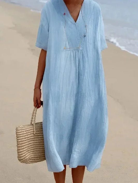 2025 Summer Cotton Linen Women Long Dress Black V-neck Short Sleeve Casual Dresses Female Trendy Loose Fashion Clothes Ladies